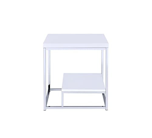 Lucia White and Chrome Metal End Table with Shelf