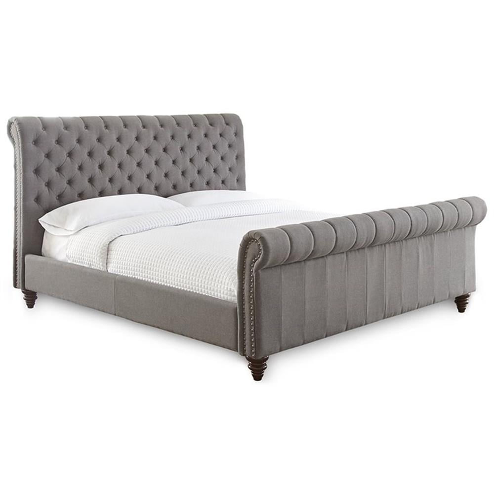Gray Tufted Upholstered Queen Sleigh Bed with Nailhead Trim