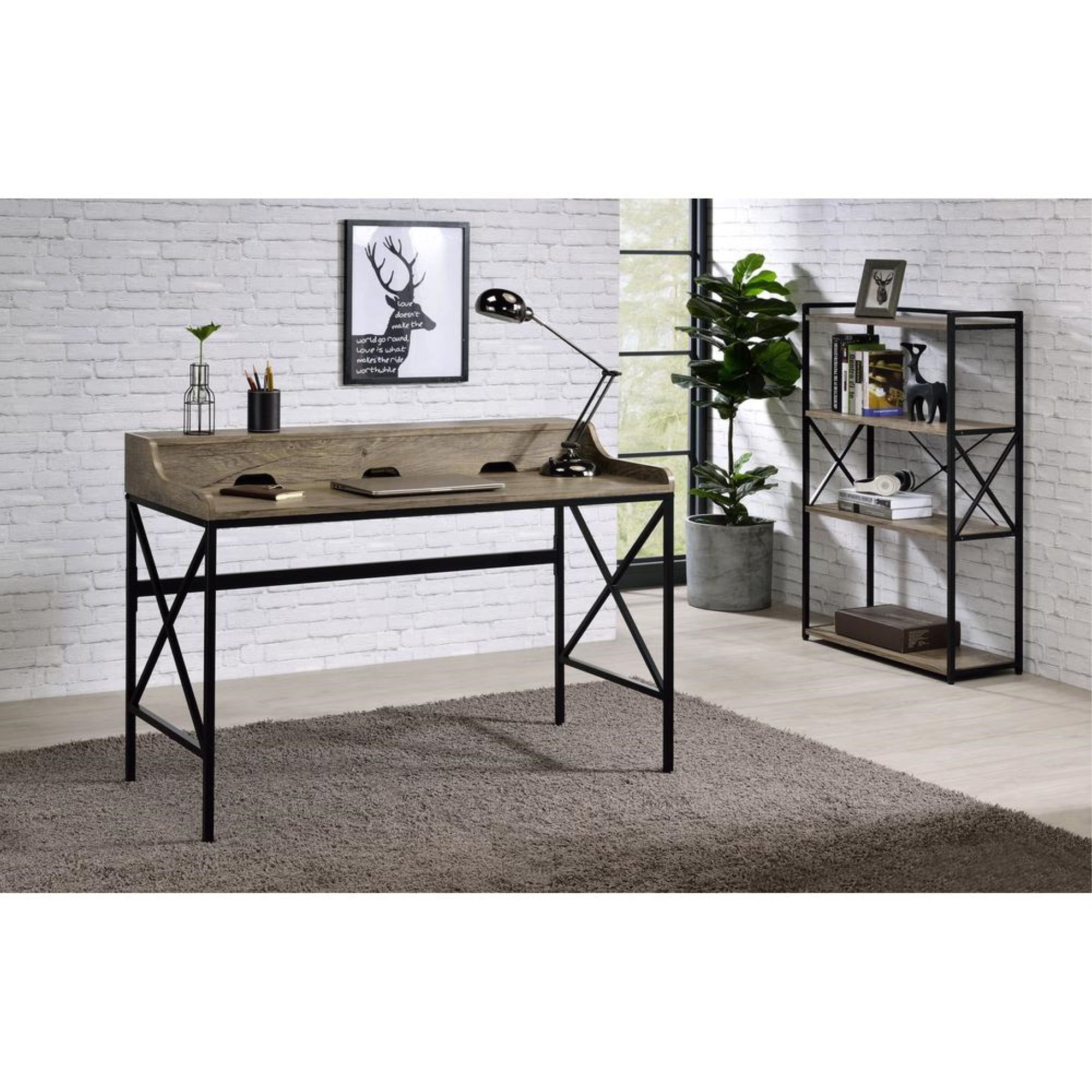 47" Gray Wood and Black Metal Transitional Bookcase