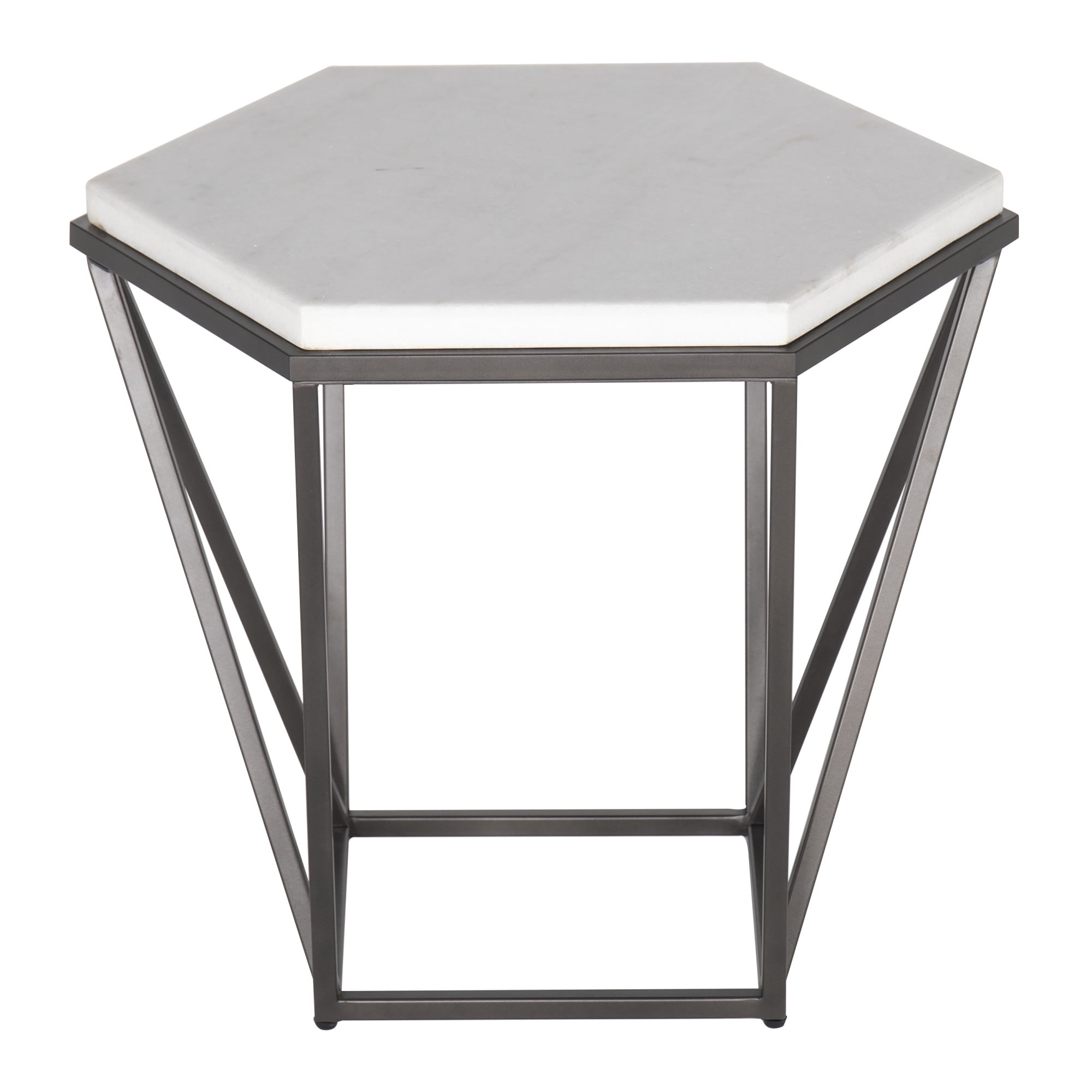 Transitional Hexagonal White Marble & Coffee Metal End Table