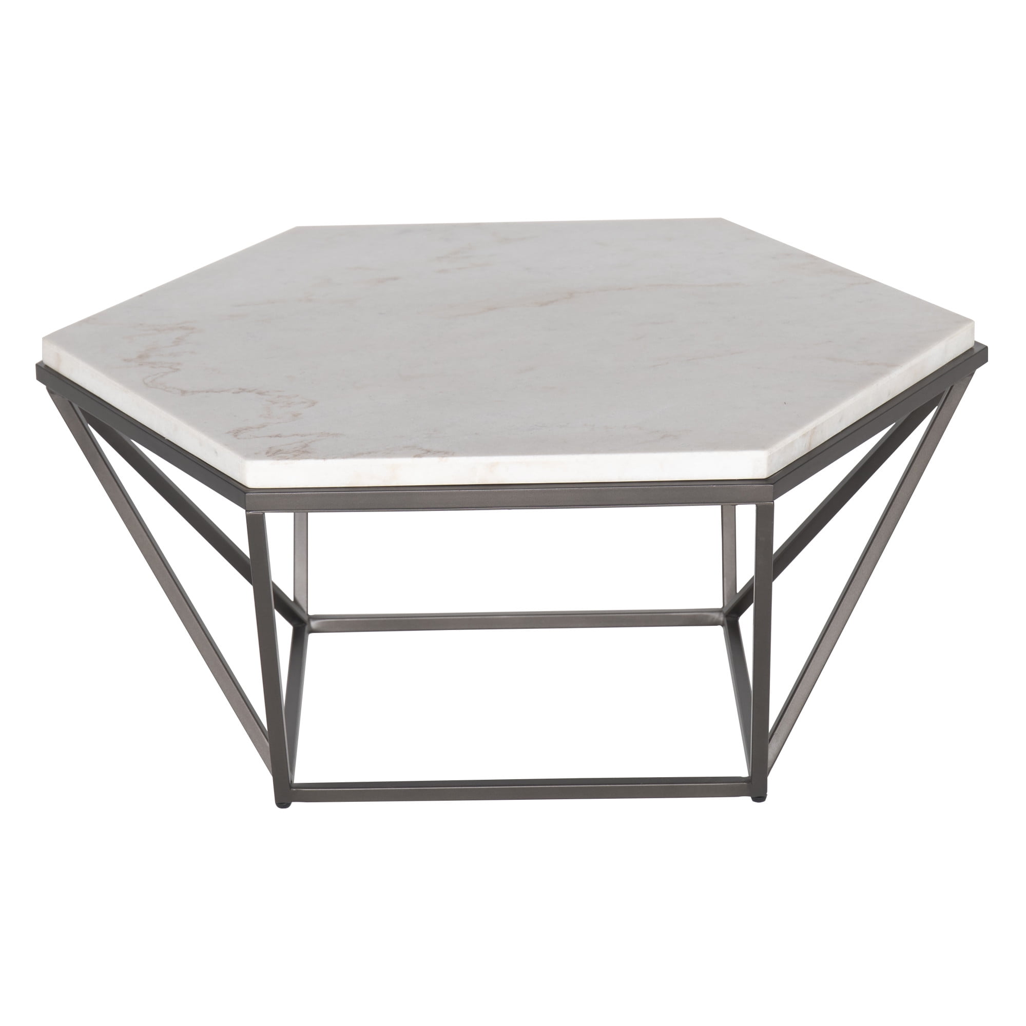 Transitional Hexagonal Lift-Top Coffee Table in Brown/White Marble