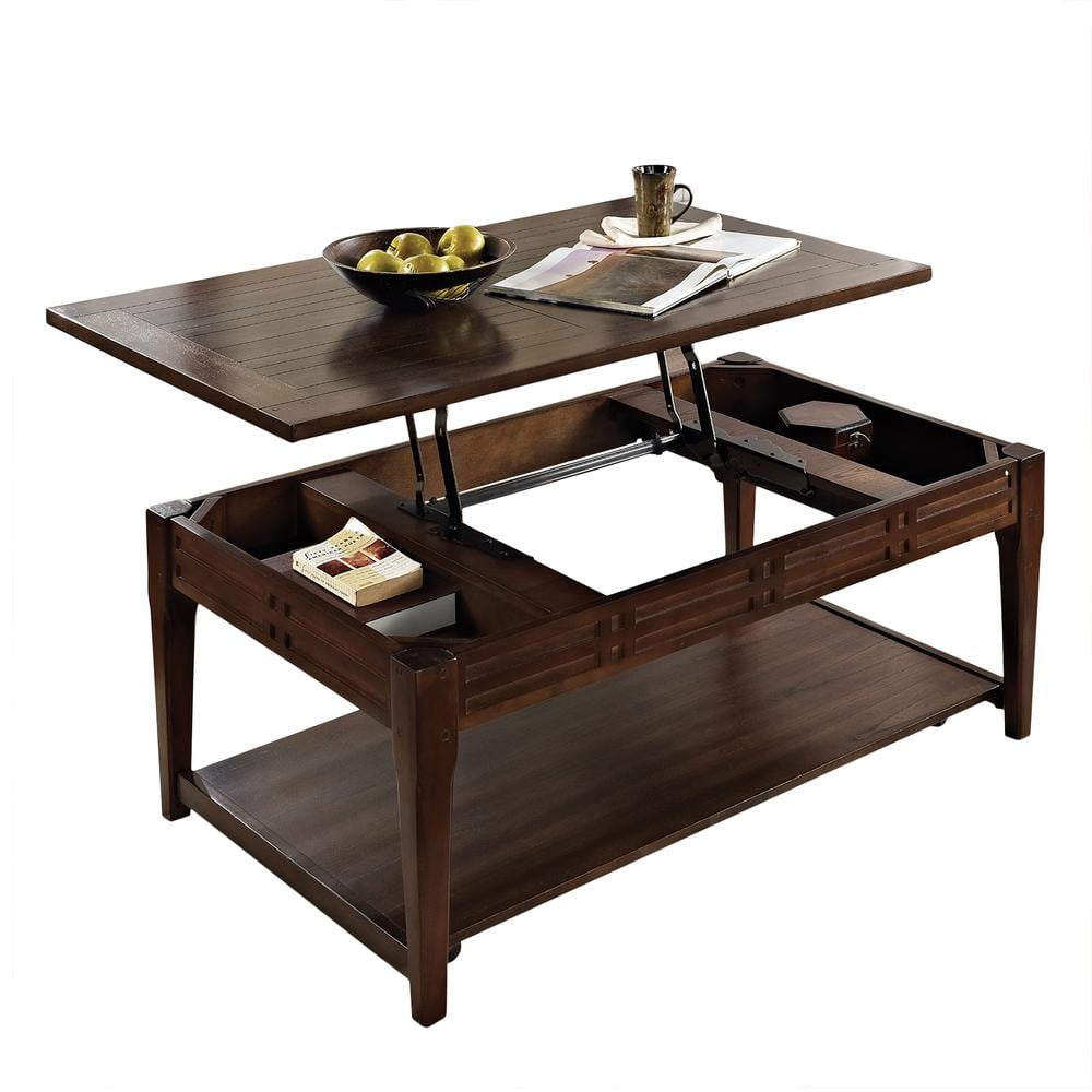 Transitional Walnut Wood Rectangular Lift-Top Coffee Table with Storage