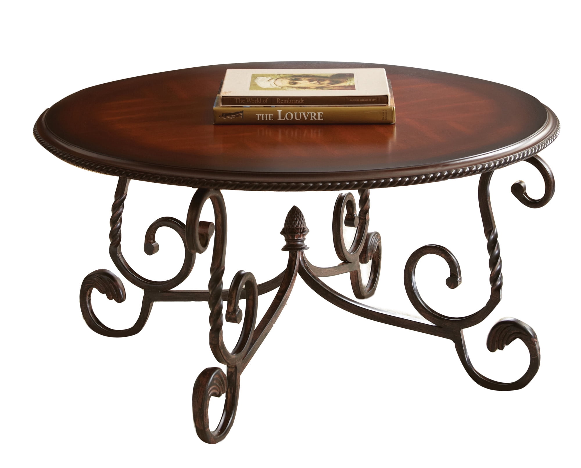 Round Cherry Wood and Metal Coffee Table with Inlaid Design