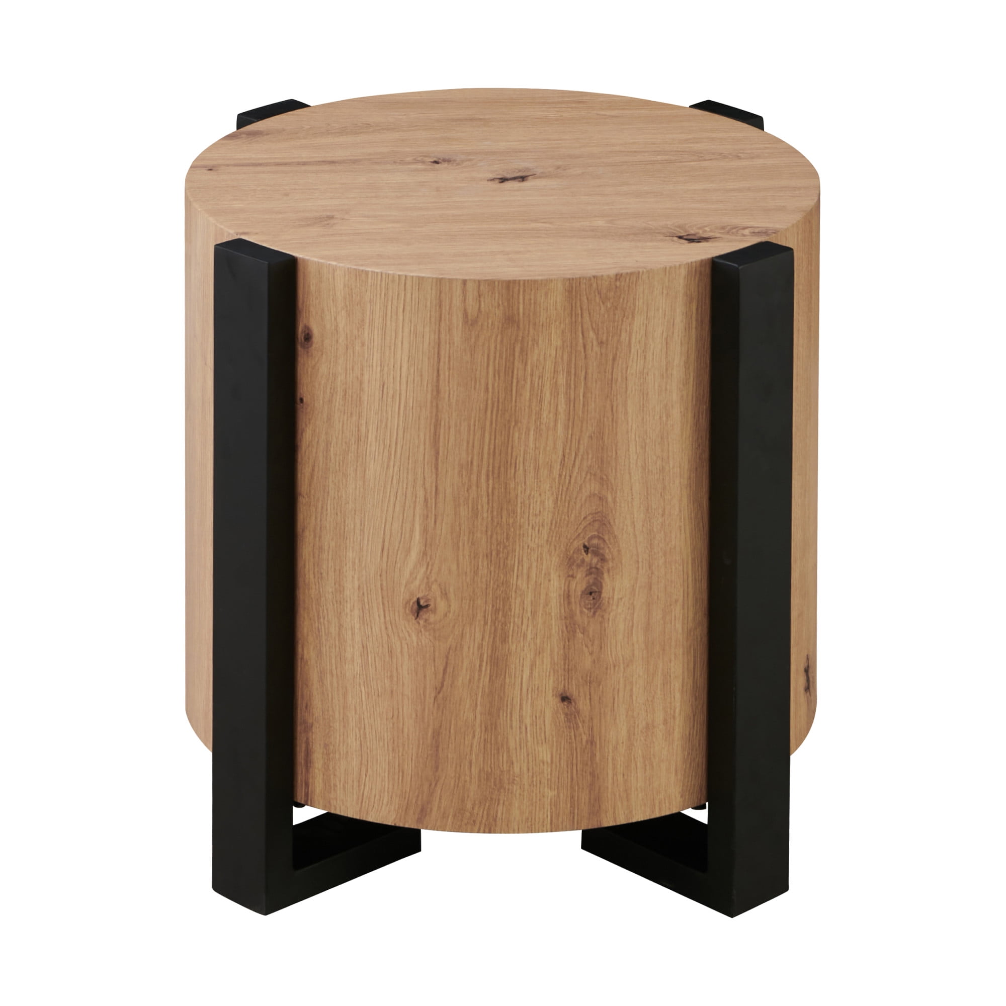 Darcie Natural Brown Round Wood End Table with Black Metal Legs