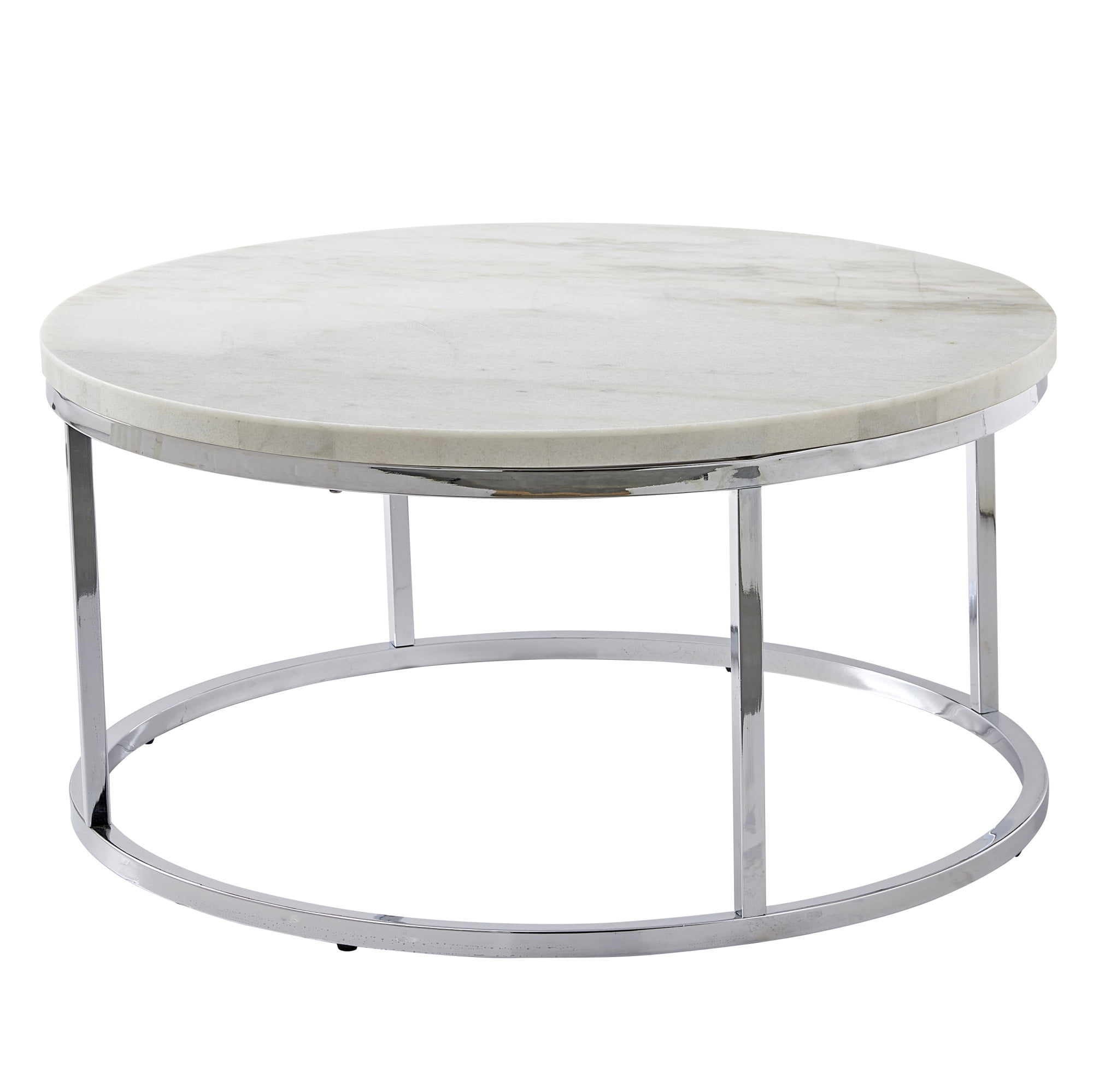 Echo Round White Marble and Chrome Metal Cocktail Table, 36"