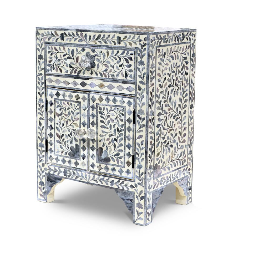 Lilac Gray Floral Vine Motif Hand-Inlaid Bone Accent Chest