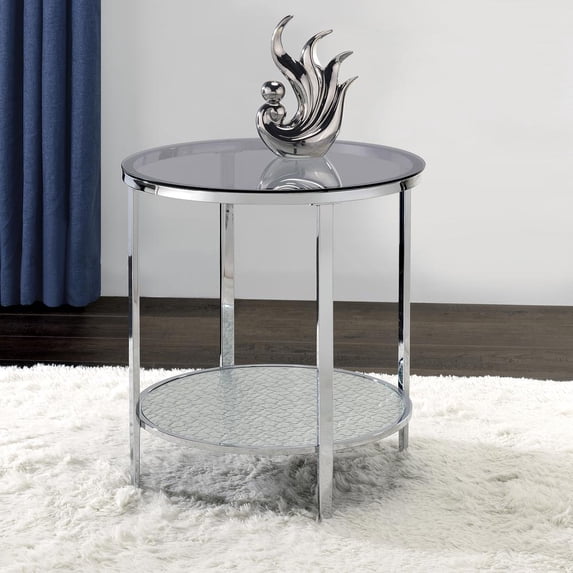 Steve Silver Frostine Round Silver and Chrome Mirrored Glass End Table