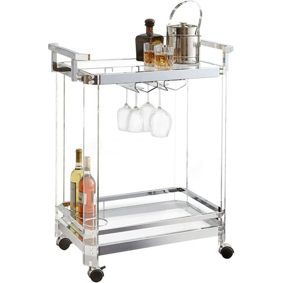 Steve Silver Furniture Aerin Kitchen Server Cart, Tempered Glass, Two Display Shelves, 4 Casters, 3 Ring Wire Wine Bottle Holder, Dining Room, Bar, 28" L x 17" W x 35" H, Silver