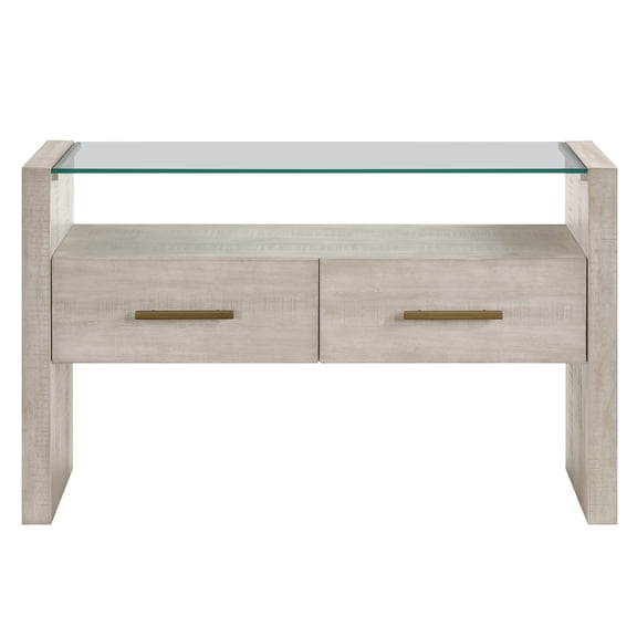 Steve Silver Garland Modern Sofa Table with Two Drawer and Glass Top, Washed Parchment
