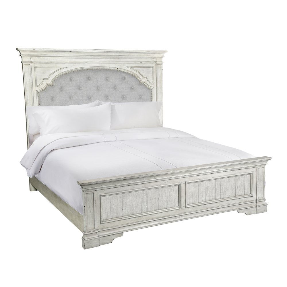 Highland Park King Bed with Tufted Upholstered Headboard in White Faux Leather