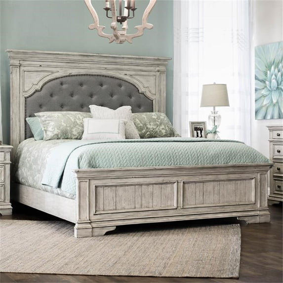 Highland Park Rustic Ivory Wood Upholstered Panel King Bed