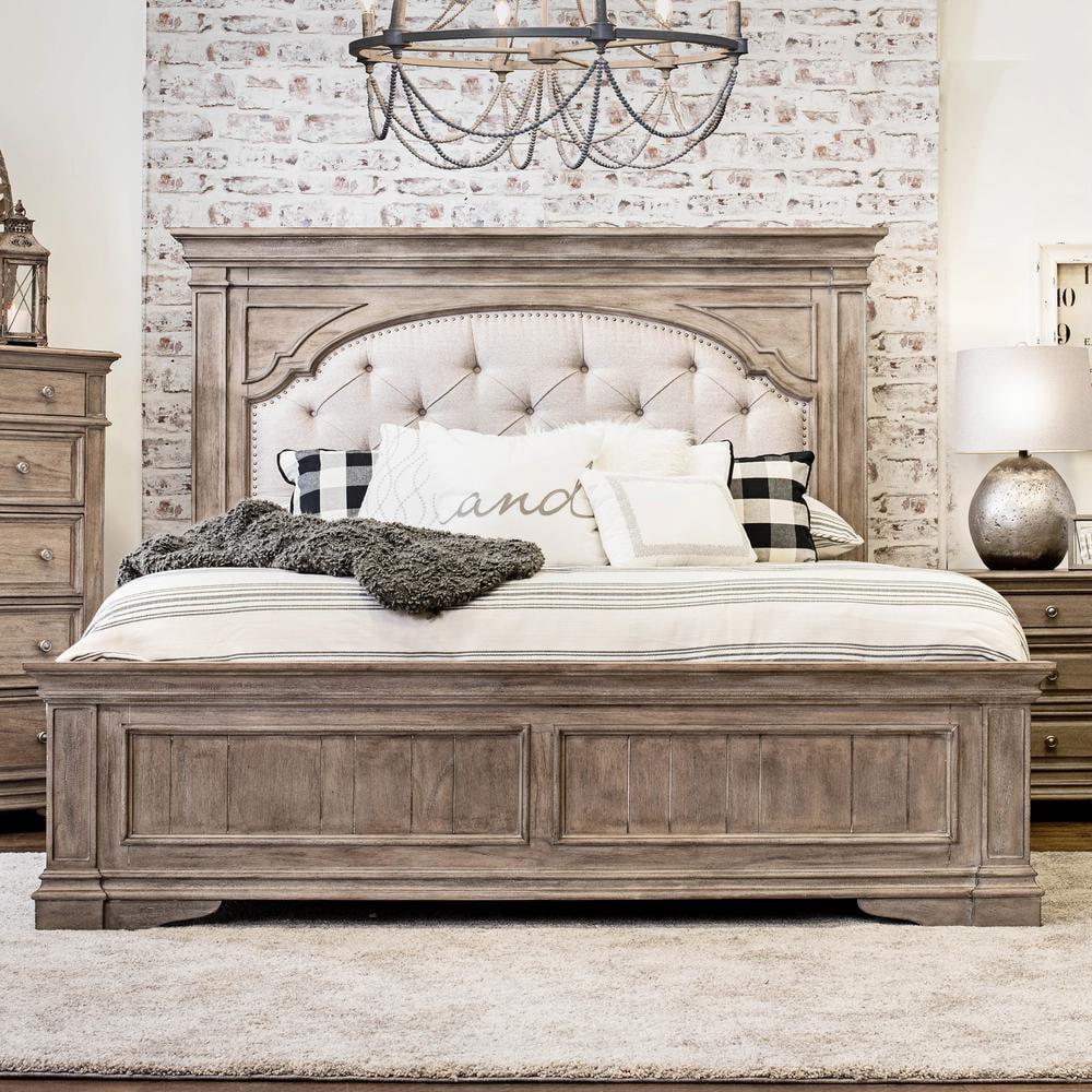 Highland Park Light Brown Wood Queen Bed with Upholstered Headboard