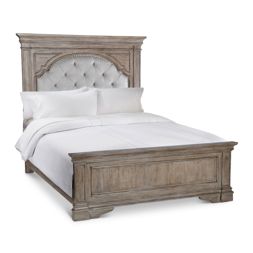 Highland Park Light Brown Wood Queen Bed with Upholstered Headboard