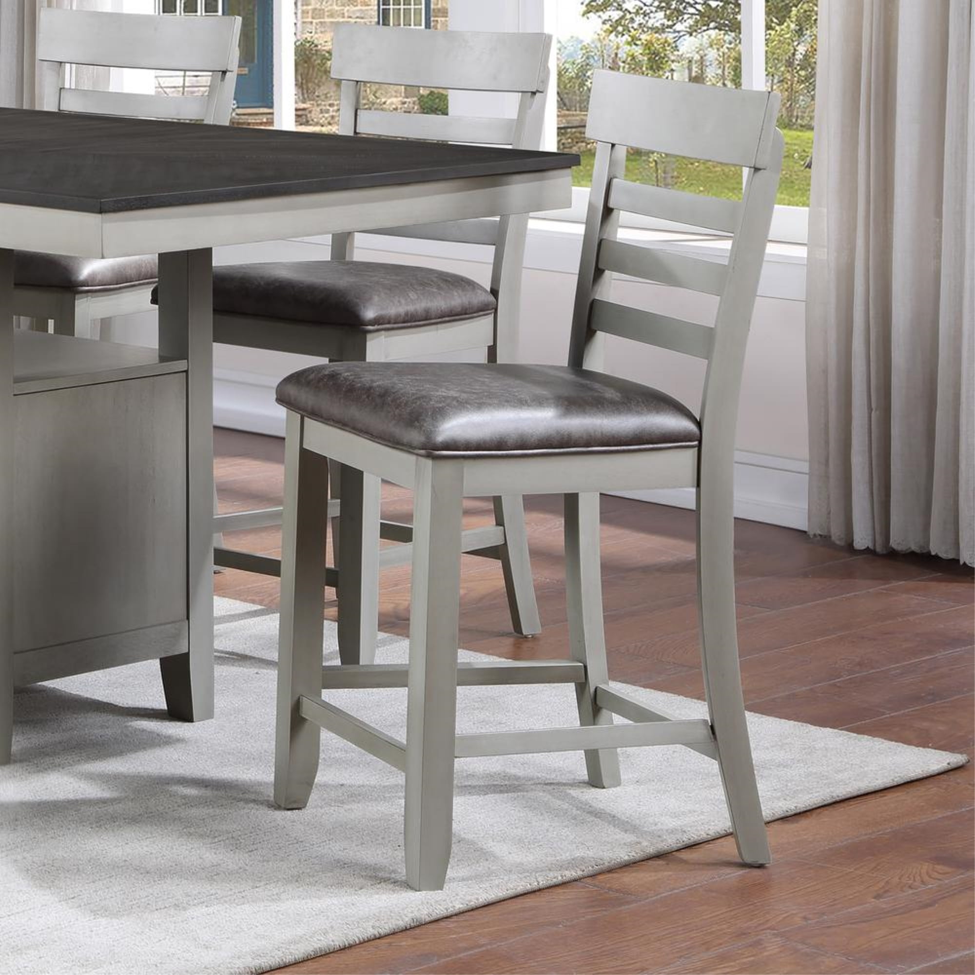 Set of 2 Transitional Stone Gray Wood Counter Stools with Faux Leather Seat
