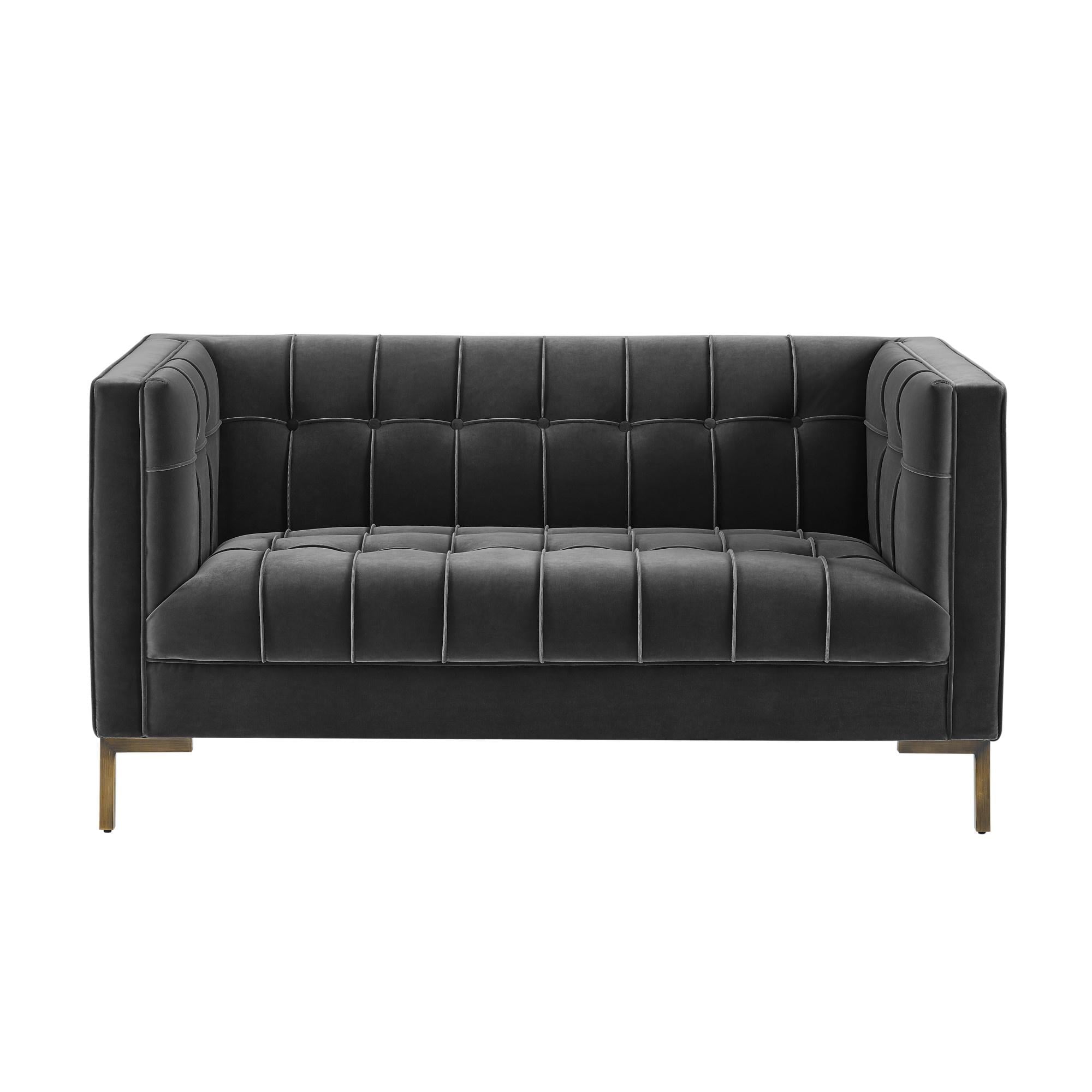Gray Velvet Tufted Tuxedo Arm Loveseat with Wood Legs