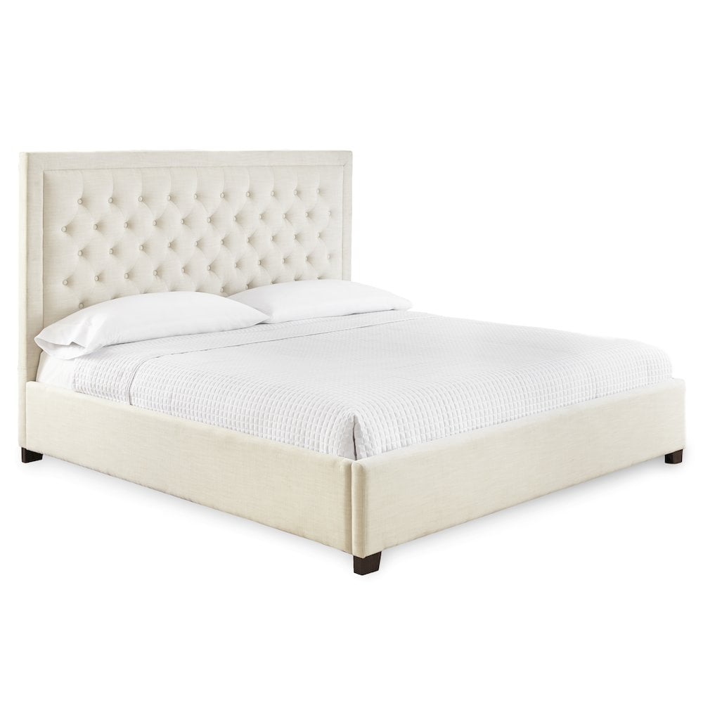 King White Upholstered Bed with Tufted Headboard and Nailhead Trim