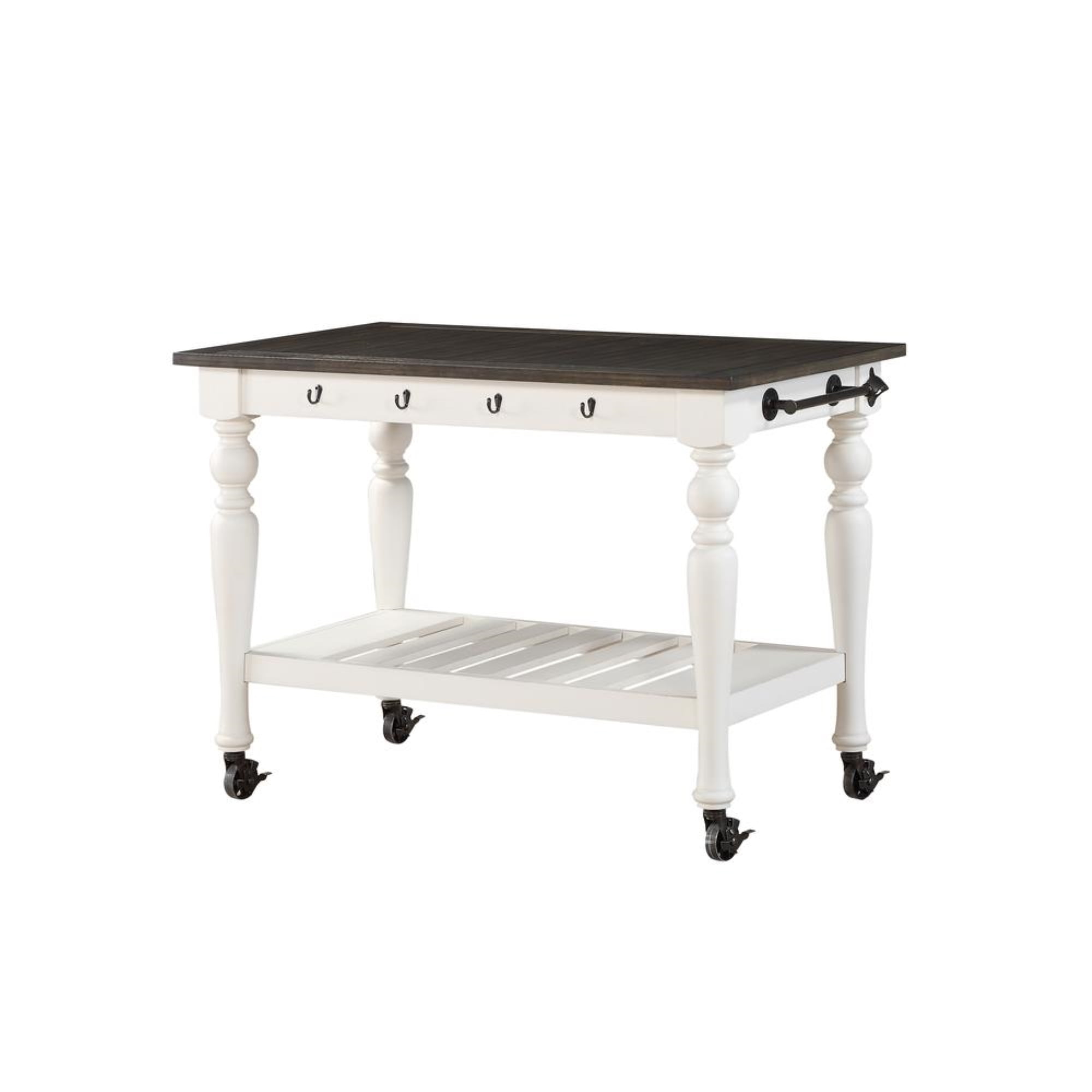 Ivory and Dark Oak Farmhouse Kitchen Cart with Storage