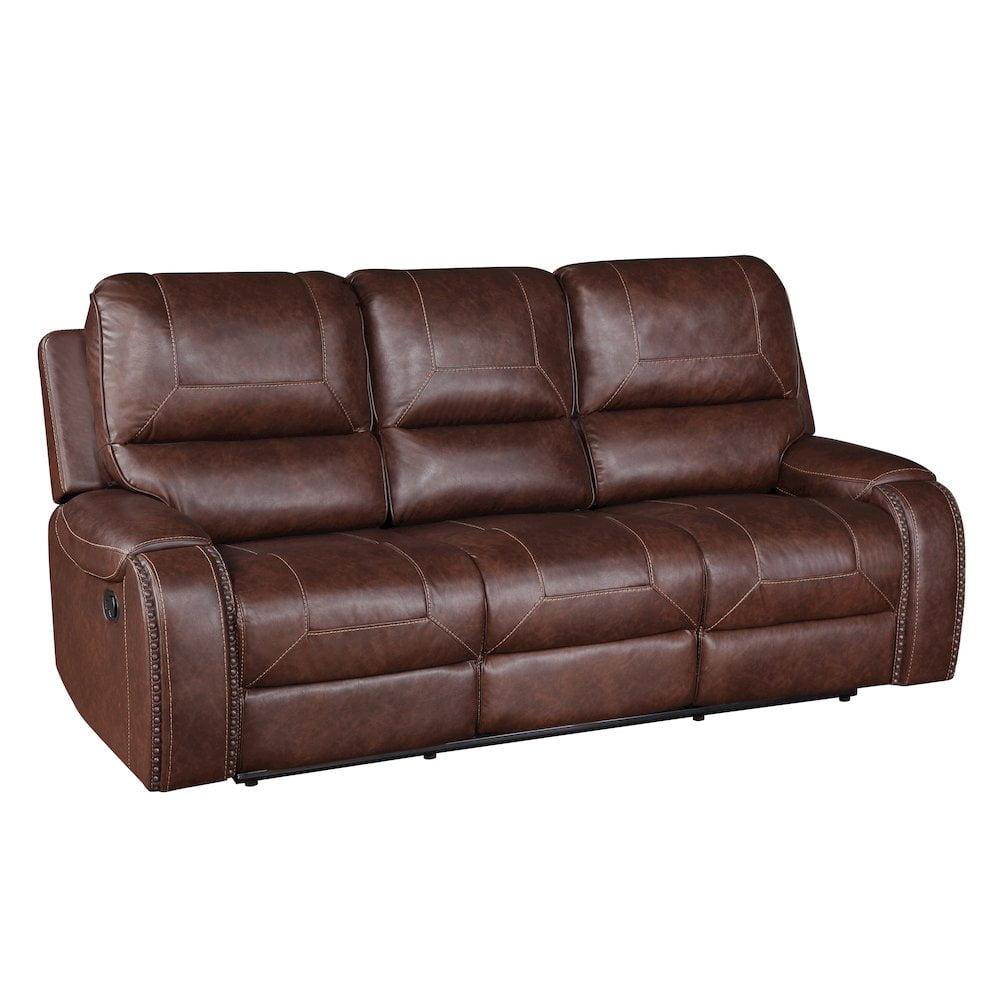 Brown Faux Leather Reclining Sofa with Nailhead Trim and Cup Holder
