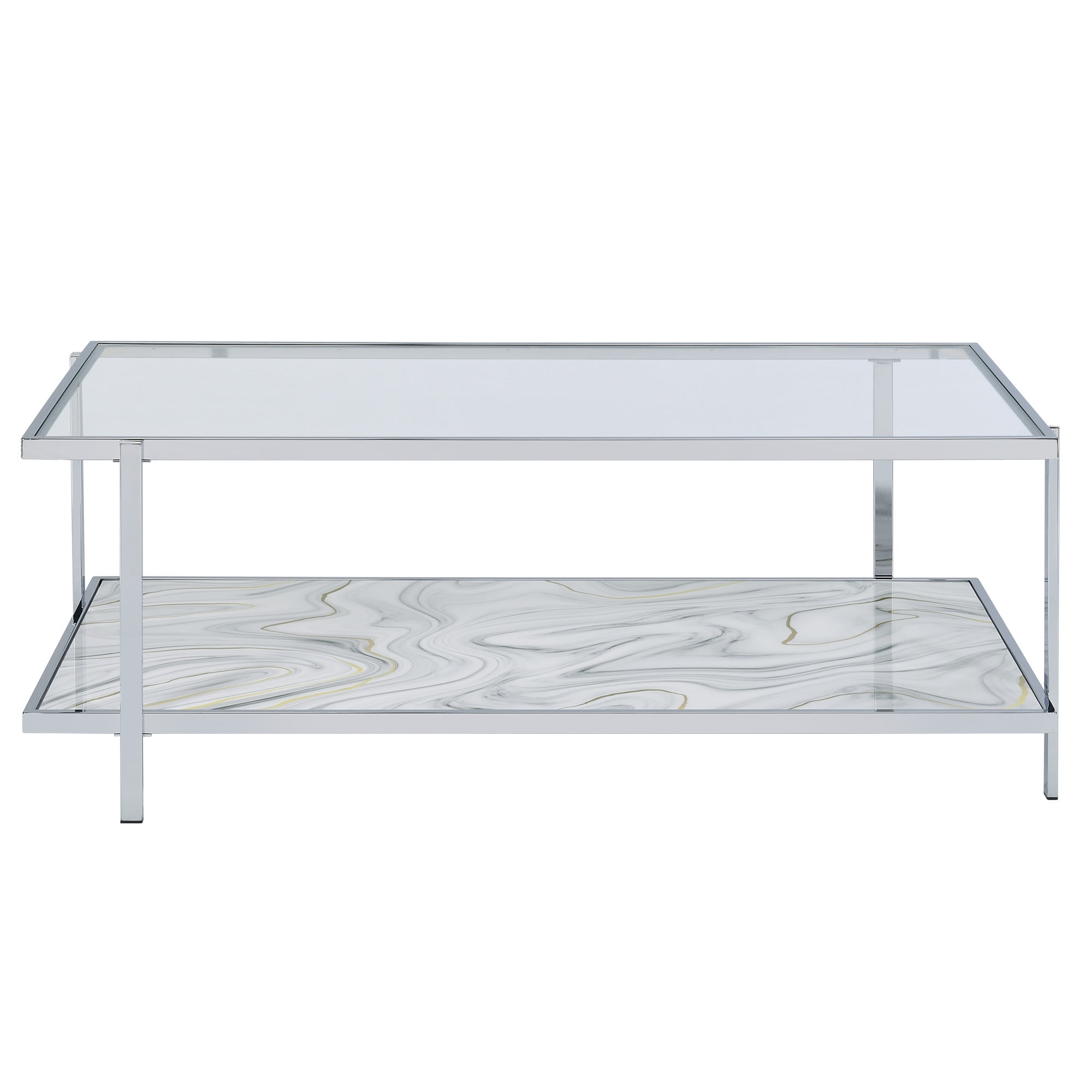 Mika 50" Rectangular Glass and Chrome Coffee Table with Faux-Stone Shelf