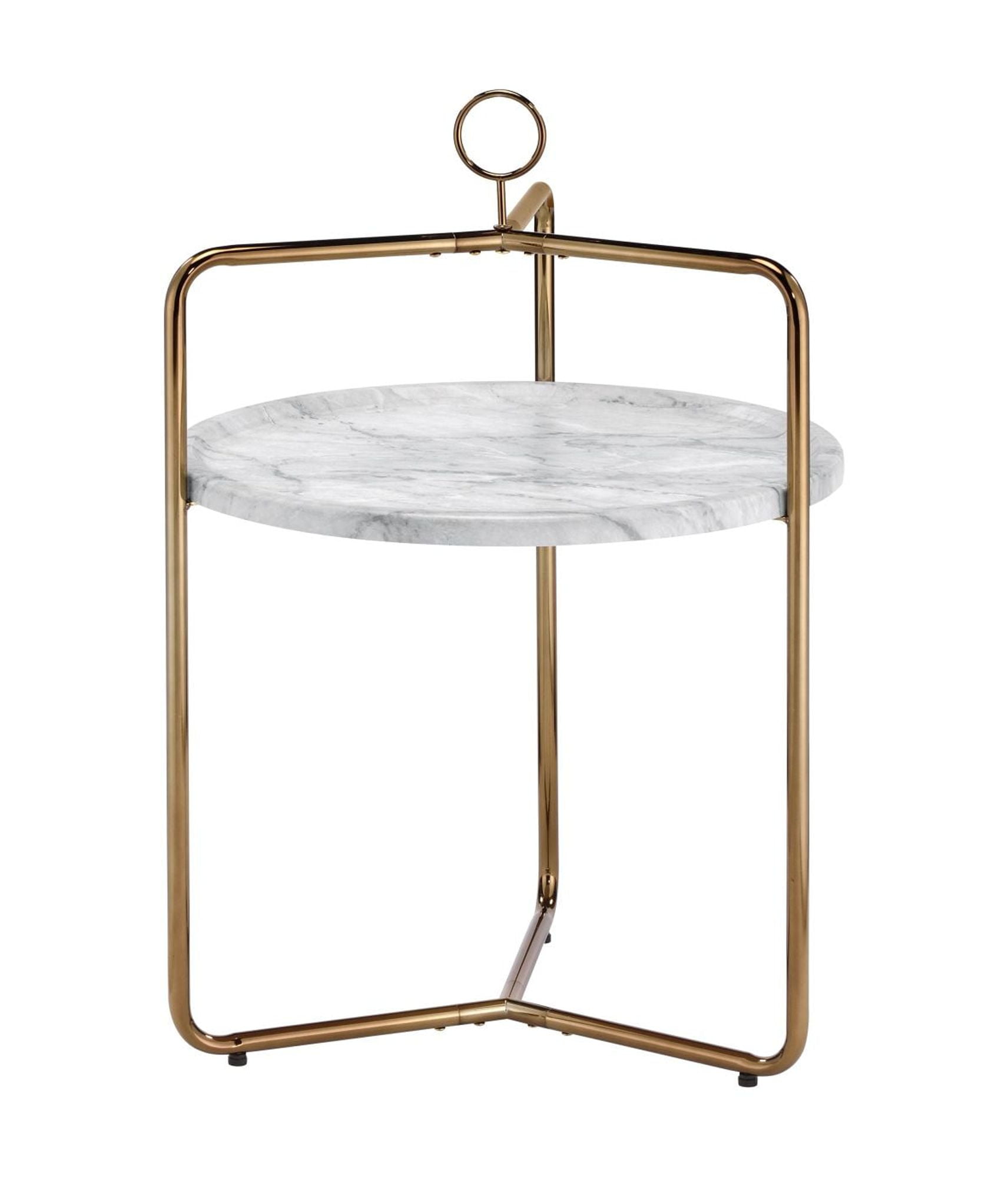 White Faux Marble and Gold Metal Round Side Table
