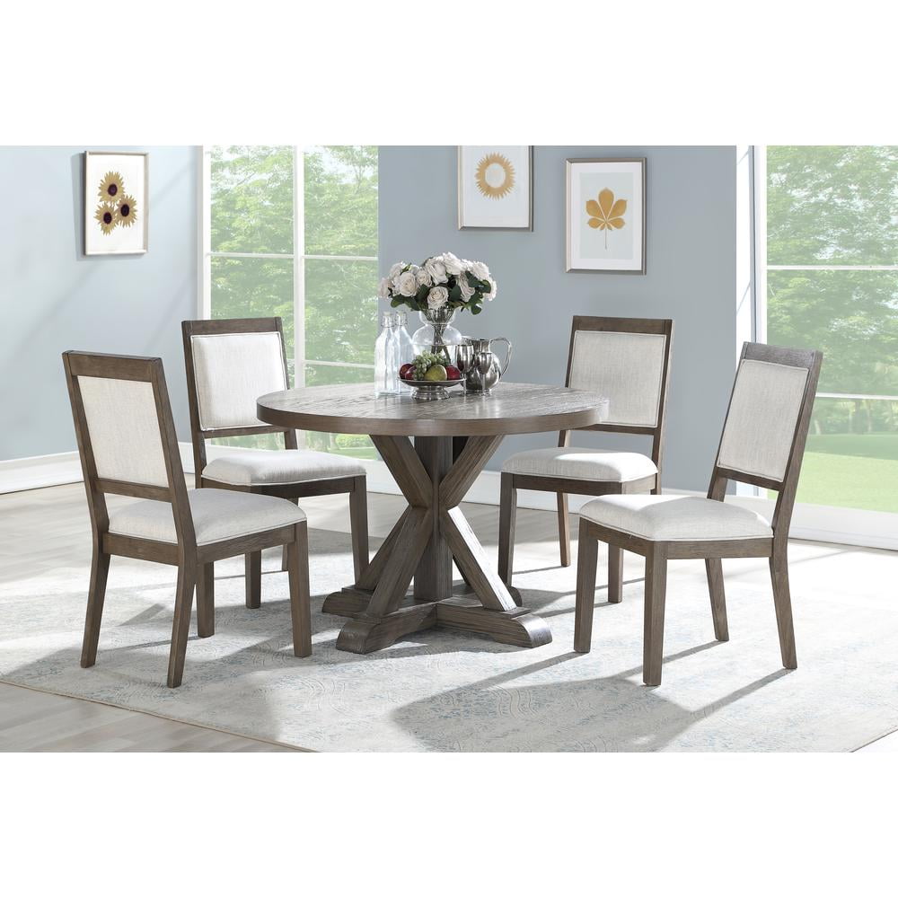 48" Gray Washed Oak Veneer Round Dining Set with Upholstered Chairs
