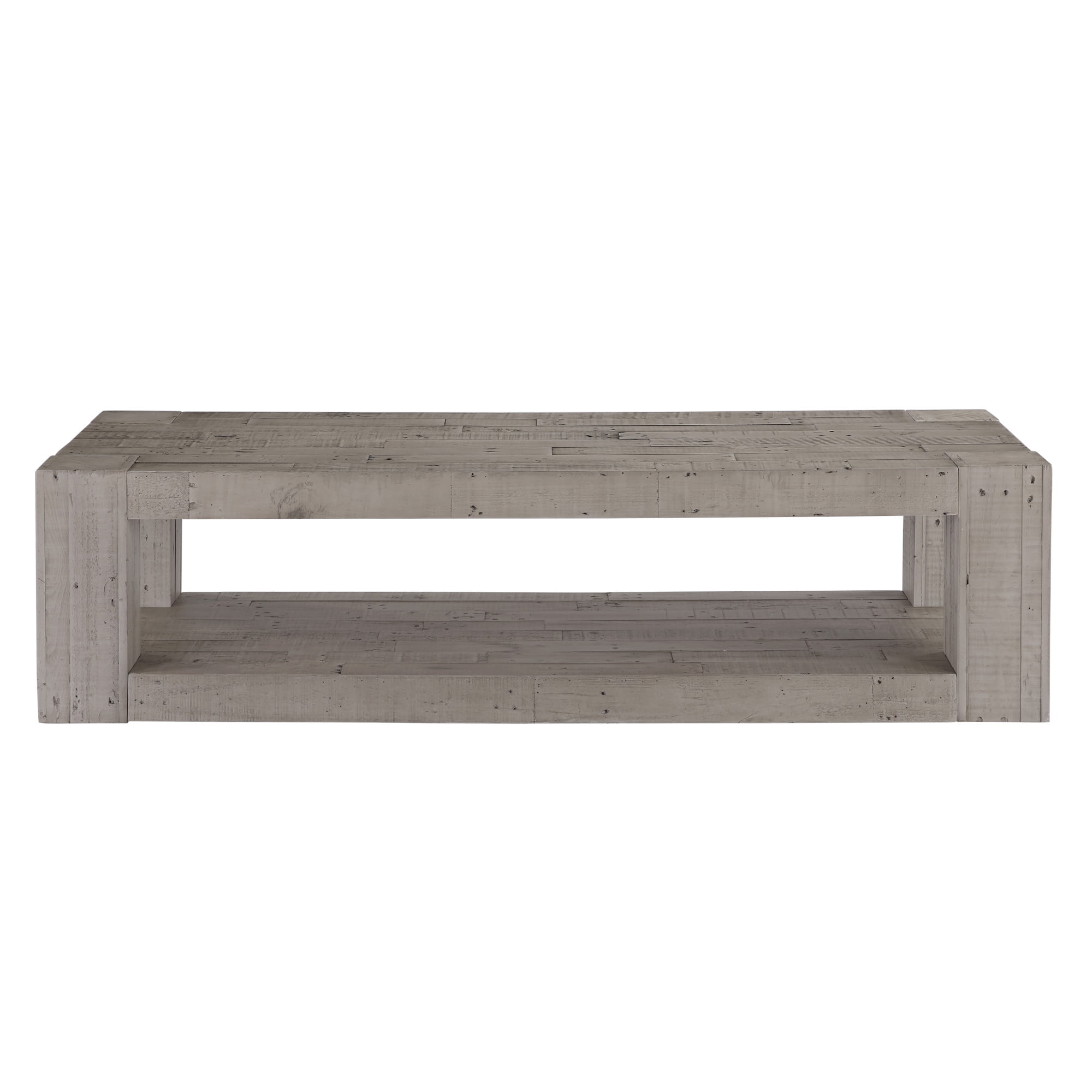 Distressed Gray Reclaimed Pine Rectangular Coffee Table with Shelf