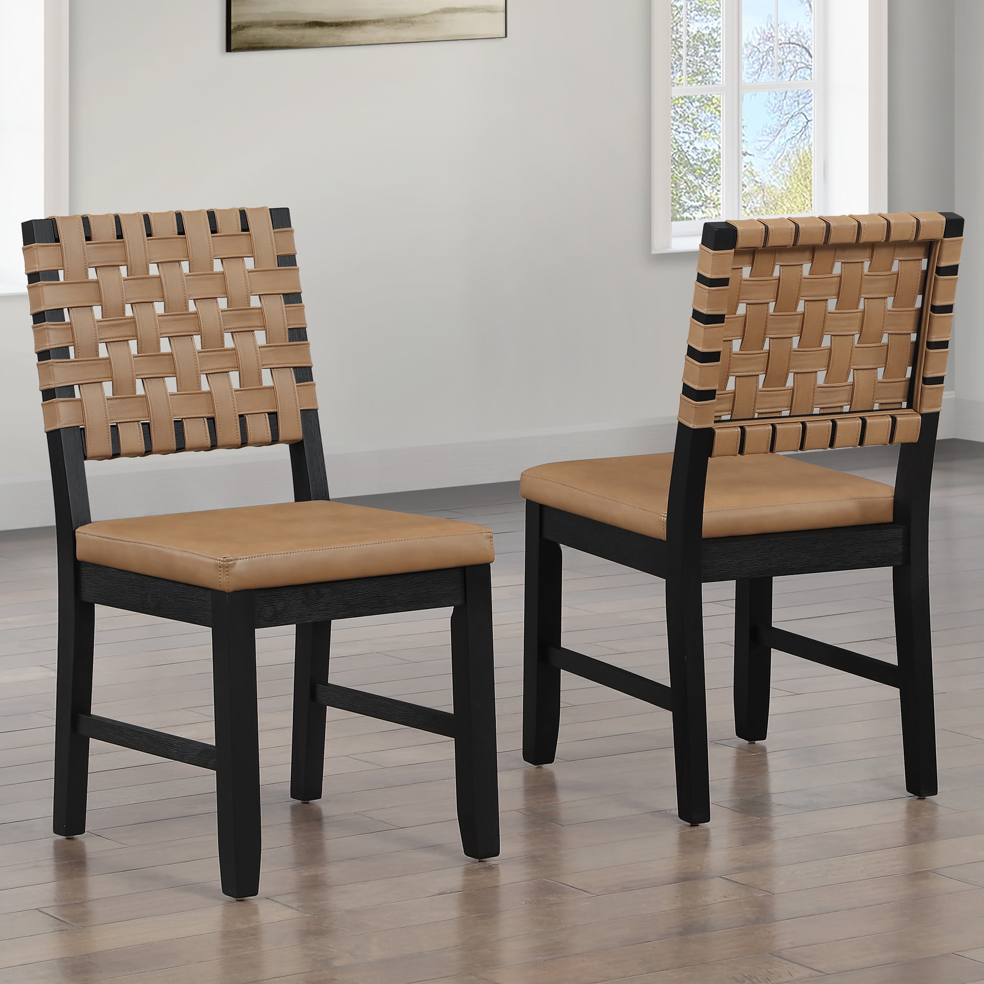 Steve Silver Reid Black Dining Side Chair with Saddle Brown Upholstery