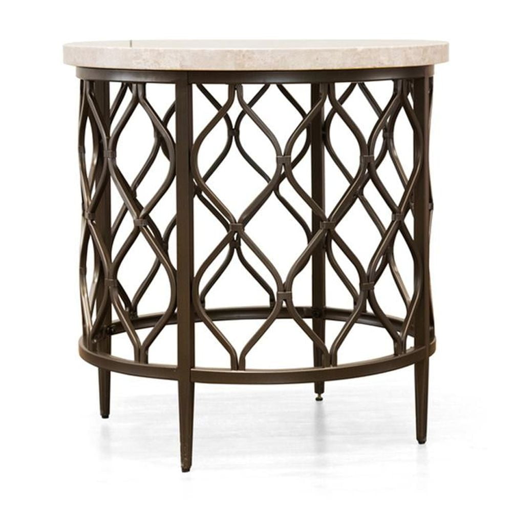 24" Transitional Round Stone Top End Table with Bronze Metal Base