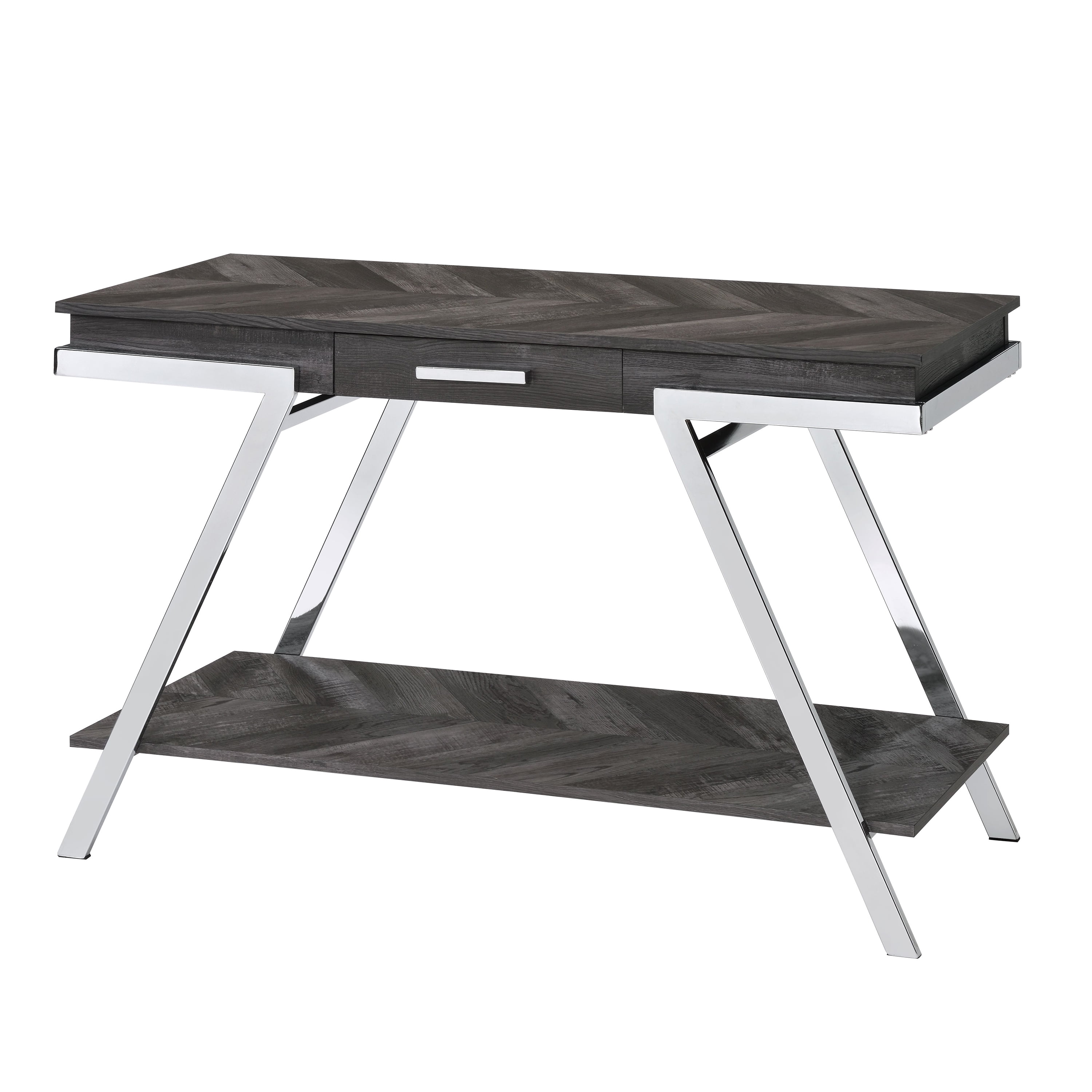 Transitional Dark Gray Chrome-Legged Sofa Table with Drawer and Shelf