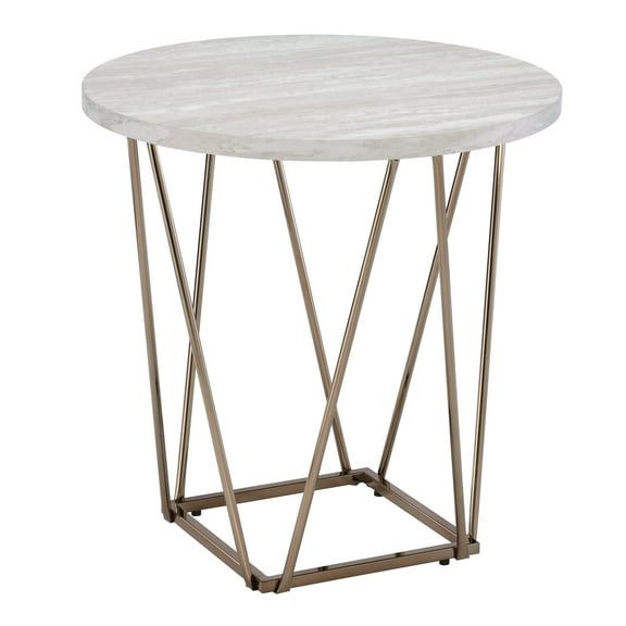 Steve Silver Rowyn Contemporary 24" Round Genuine Marble End Table, White/Copper