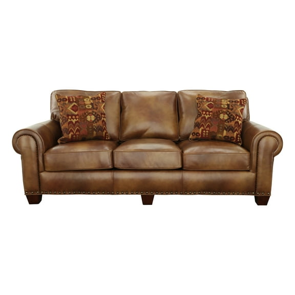 Steve Silver Silverado Top Grain Leather 91" Width Sofa with Accent Pillows, Camel