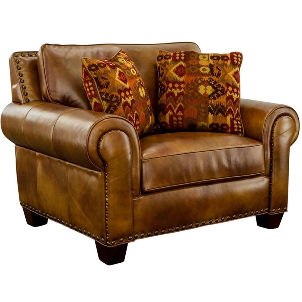 Camel Brown Leather and Wood Traditional Accent Chair