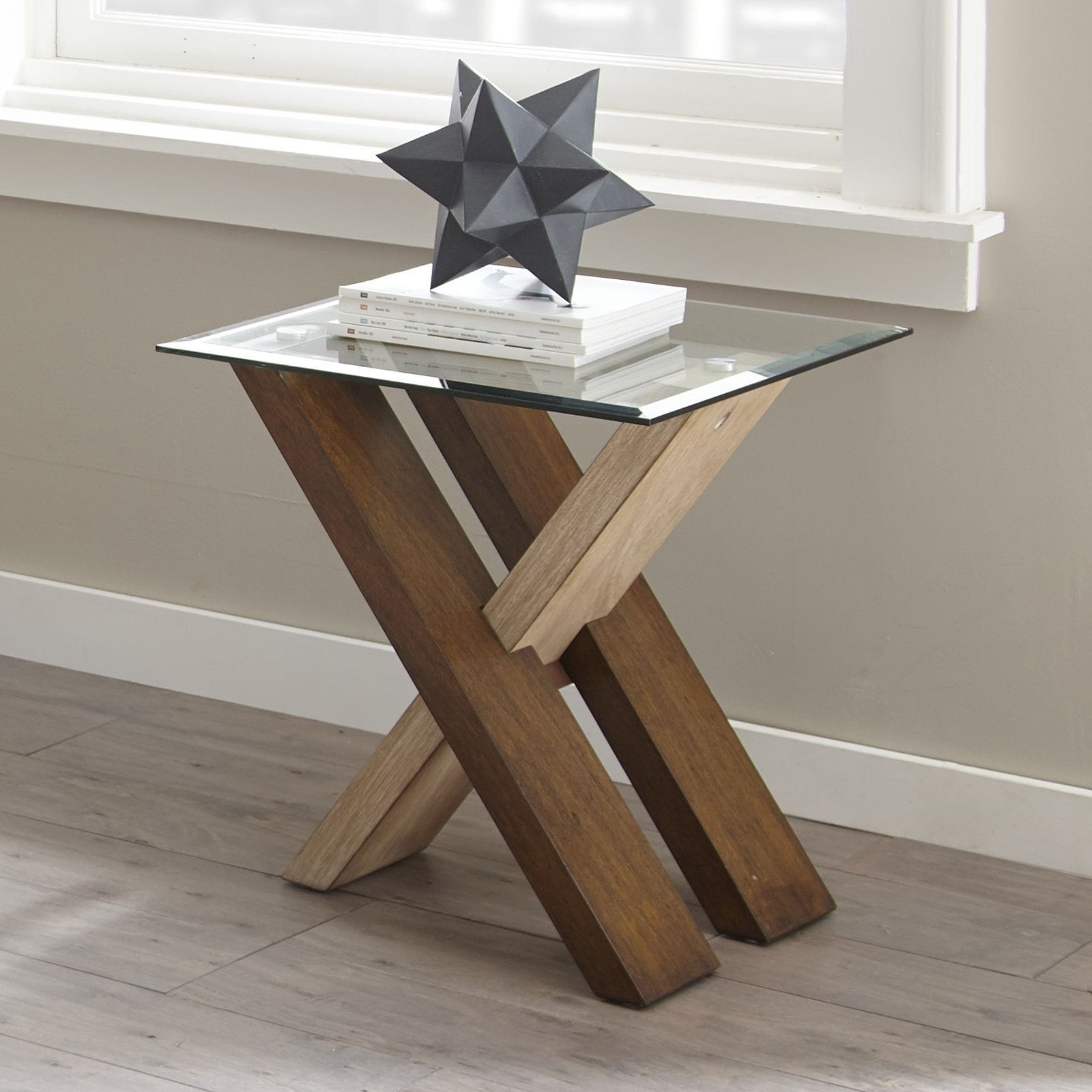 Natural Cherry Glass Top Square End Table with Cross Base