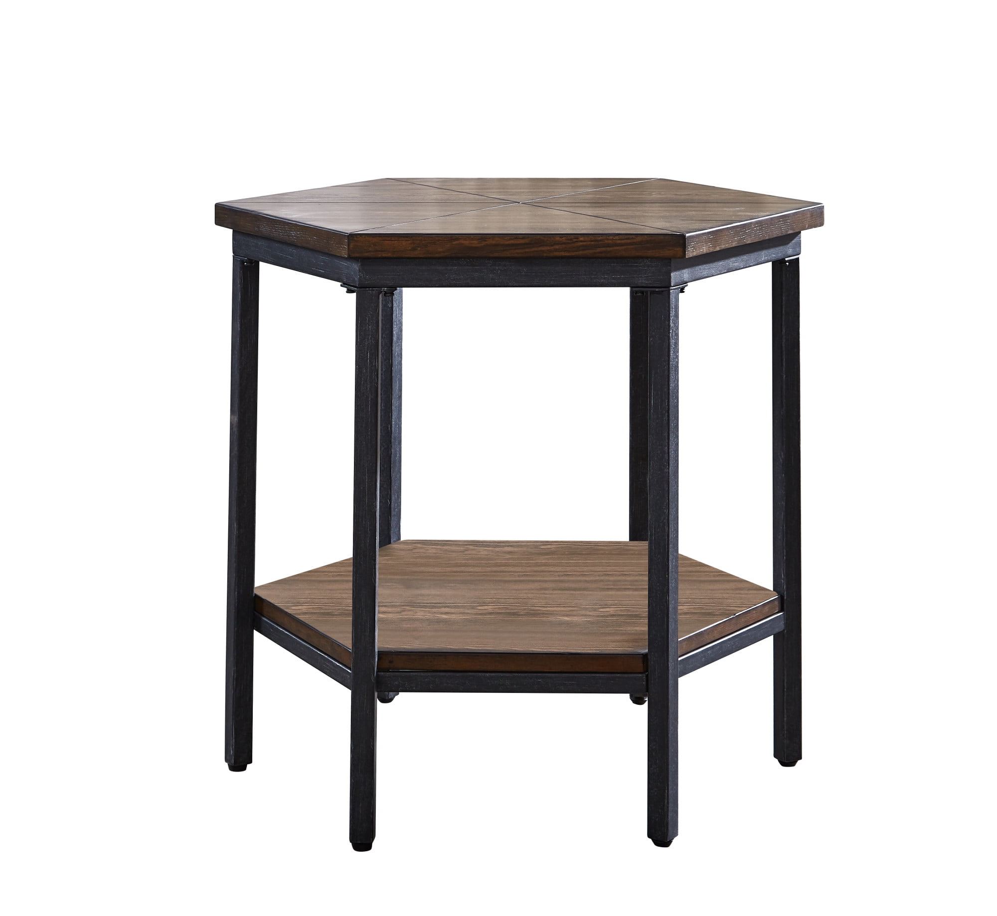 Mocha Hexagonal Wooden End Table with Iron Base and Storage