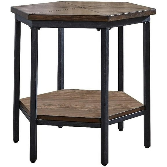 Steve Silver Ultimo Hexagon End Table, Ash Veneers with Iron Base, Top and Bottom Shelves for Extra Storage, for Living Room, Home Office, 24" L x 24" W x 24" H, Brown