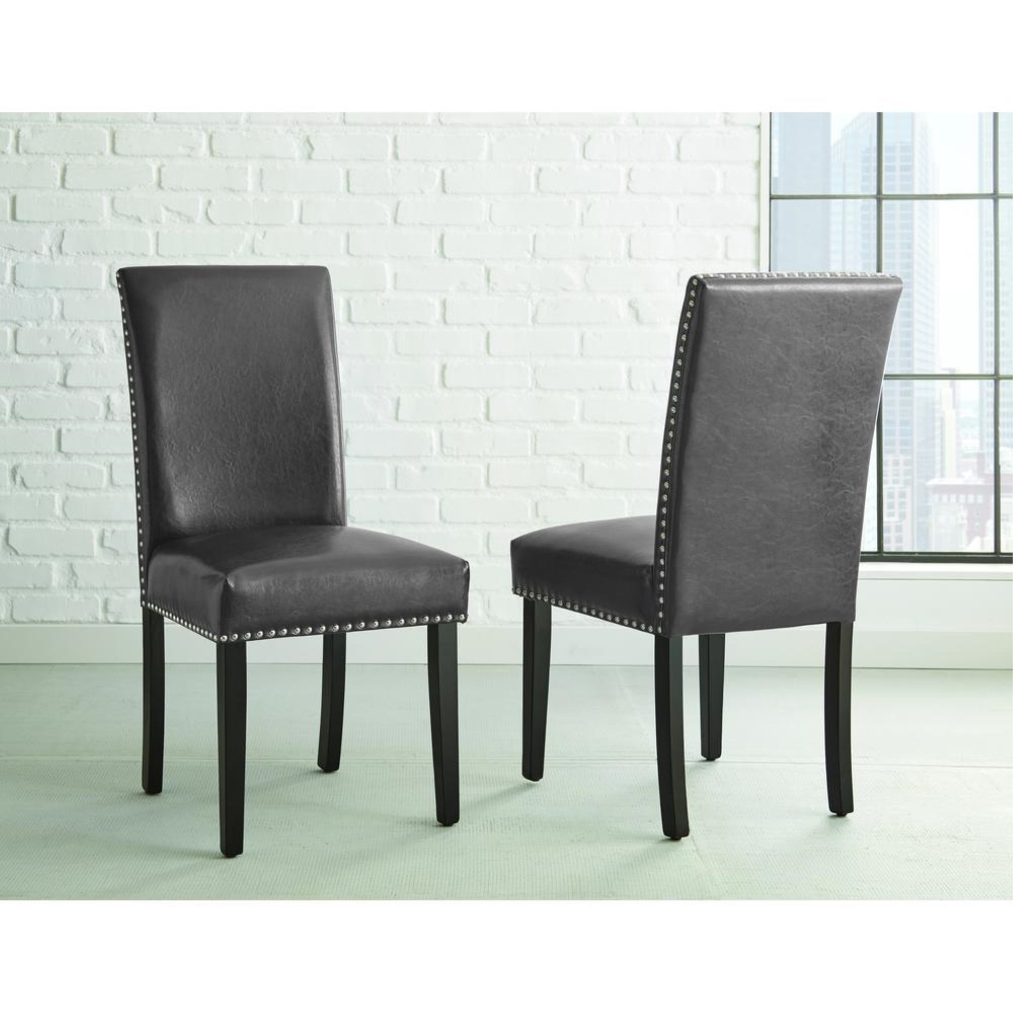 Verano Gray Faux Leather Parsons Side Chairs with Nailhead Trim