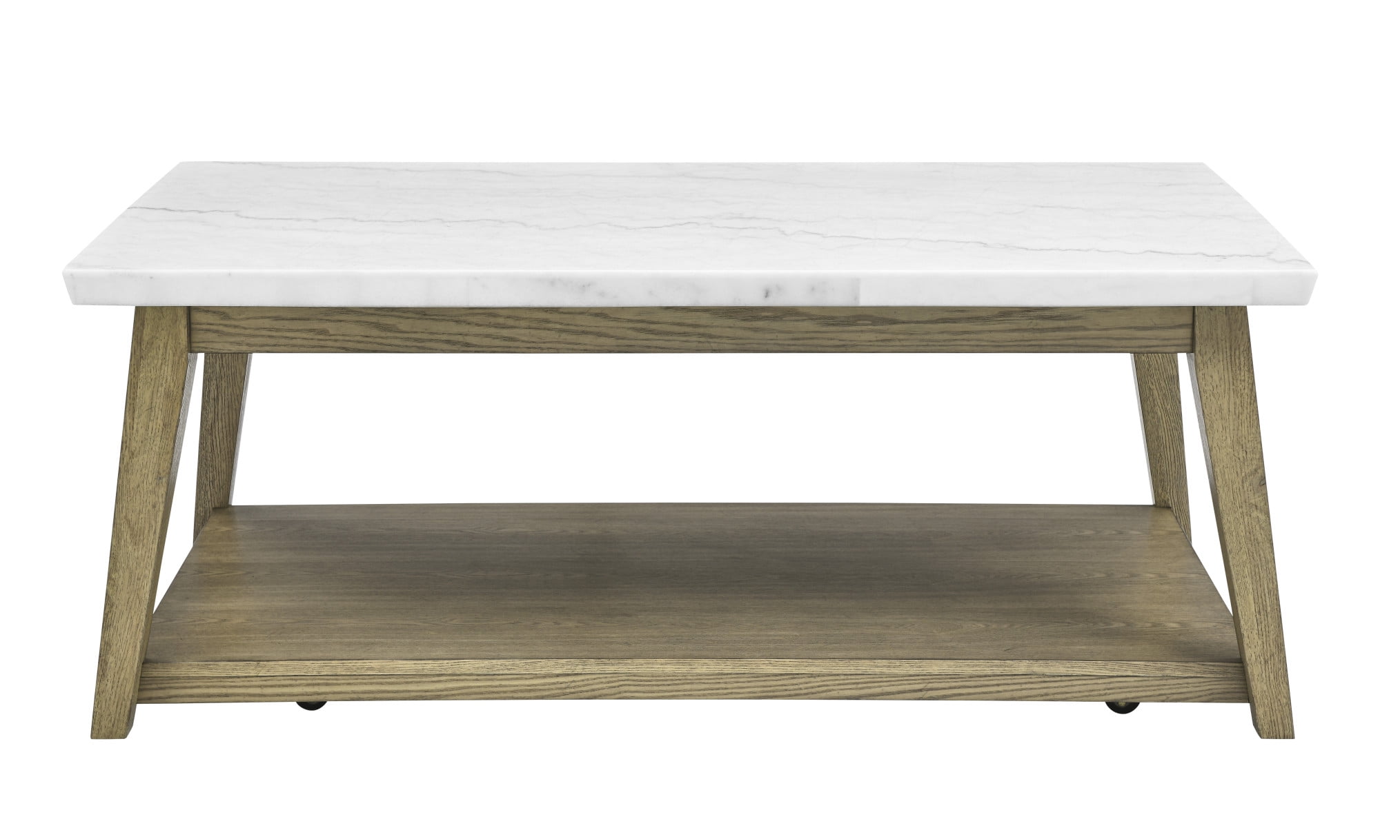 Blonde Wood and White Marble Rectangular Coffee Table with Casters