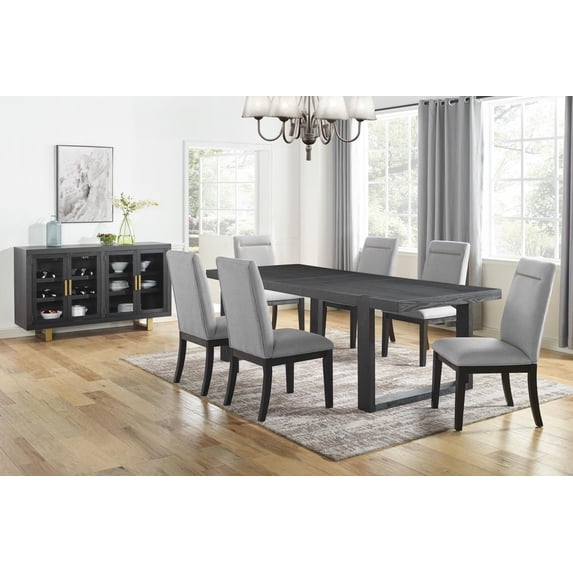 Steve Silver Yves Rubbed Charcoal 8-Piece Dining Set with Gray Side Chairs