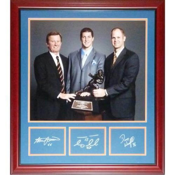 Steve Spurrier, Danny Wuerffel And Tim Tebow Autographed Florida Gators Heisman Deluxe Framed 16x20 Photo with Blue Cut Signatures