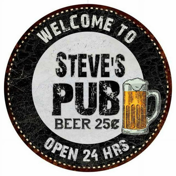 Steve's Pub 12" Round Metal Sign Beer Bar Black Wall Décor Gift 200120039231