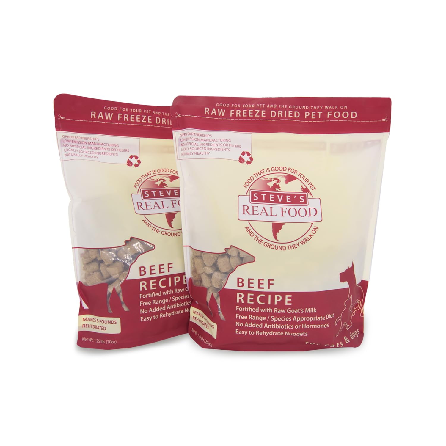 Steve's Real Food Freeze-Dried Raw Beef Diet For Dogs & Cats - 2 Pack, 1.25 Lbs Each, Grass-Fed & Free Range