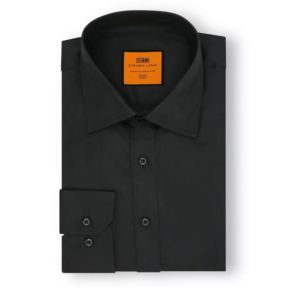 Steven Land Mens Solid Black Spread Collar Wrinkle Free Cotton Dress Shirt
