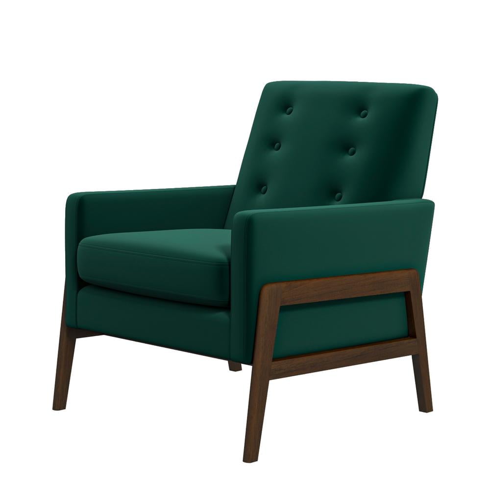 Mid-Century Modern Green Velvet and Walnut Wood Accent Chair