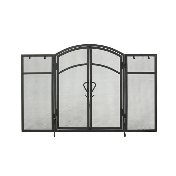 Steven Modern Iron Folding Fireplace Screen with Door and Tools, Matte Black