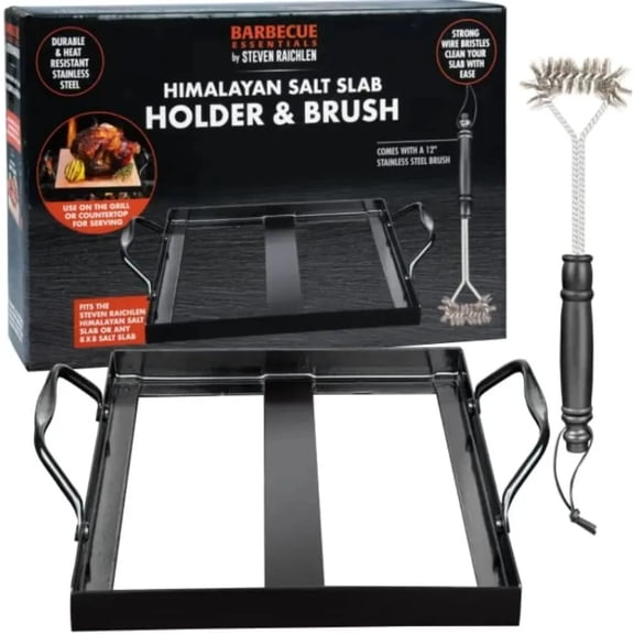 Steven Raichlen Himalayan Salt Block Holder & Wire Cleaning Brush- Safe & Easy Salt Slab Plate and Grilling Stone Brush, Compatible with (8"x8") Salt Block - Grilling Tools & accessoires