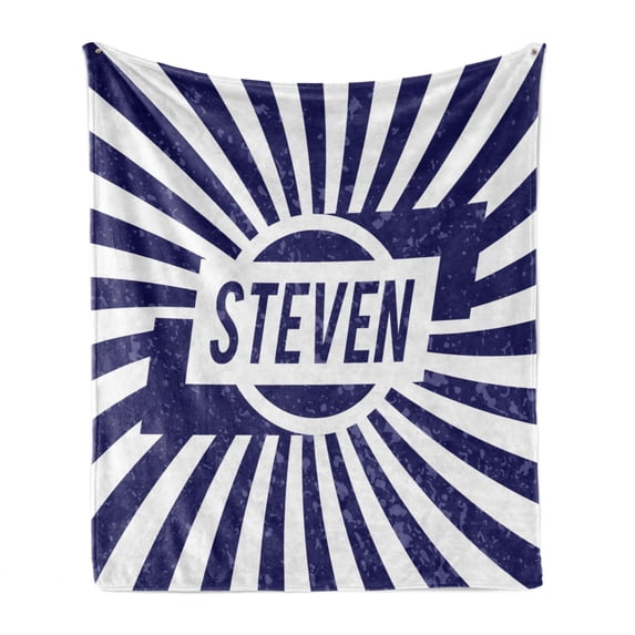 Steven Soft Flannel Fleece Throw Blanket, Common English First Name for Boys in Blue and White Retro Composition, Cozy Plush for Indoor and Outdoor Use, 50" x 70", Navy Blue and White, by Ambesonne