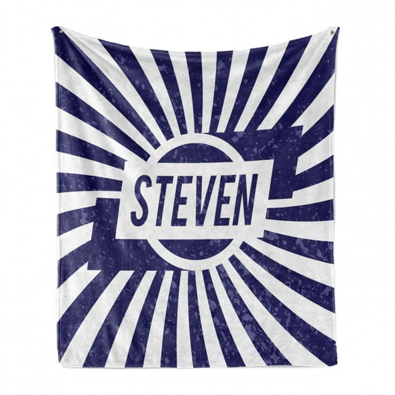 Steven Soft Flannel Fleece Throw Blanket, Common English First Name for Boys in Blue and White Retro Composition, Cozy Plush for Indoor and Outdoor Use, 70" x 90", Navy Blue and White, by Ambesonne