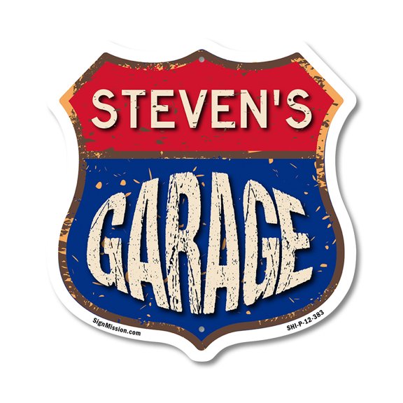 Steven's Garage 12 inch X 12 inch Shield Shaped Commercial Grade Plastic Sign Weather Resistant, UV Protected To last, Gift for Dads and Uncles Classic Americana Crafted in the USA