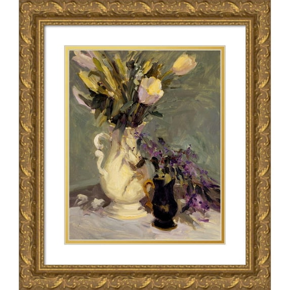 Stevens, Allayn 15x18 Gold Ornate Wood Framed with Double Matting Museum Art Print Titled - Tulips and Lavender