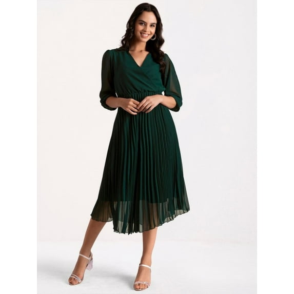Steverzon Women's Striped Fit And Flare Three-Quarter Sleeves Green Dresses